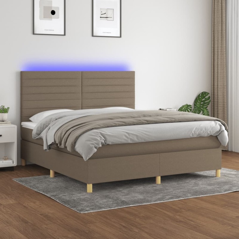 Letto a Molle con Materasso e LED Tortora 180x200 cm in Tessuto