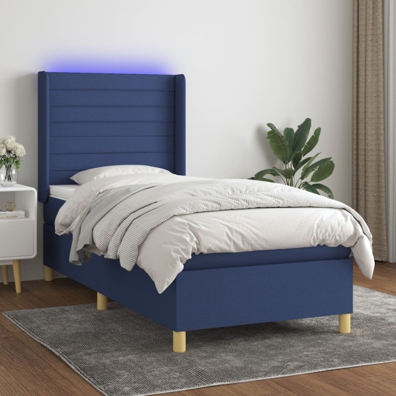 Letto a Molle con Materasso e LED Blu 90x200 cm in Tessuto Letto a Molle con Materasso e LED Blu 90x200 cm in Tessuto