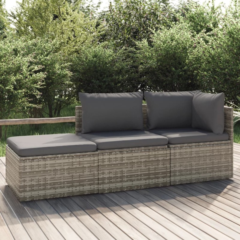 Set Divani da Giardino 3 pz con Cuscini in Polyrattan Grigio