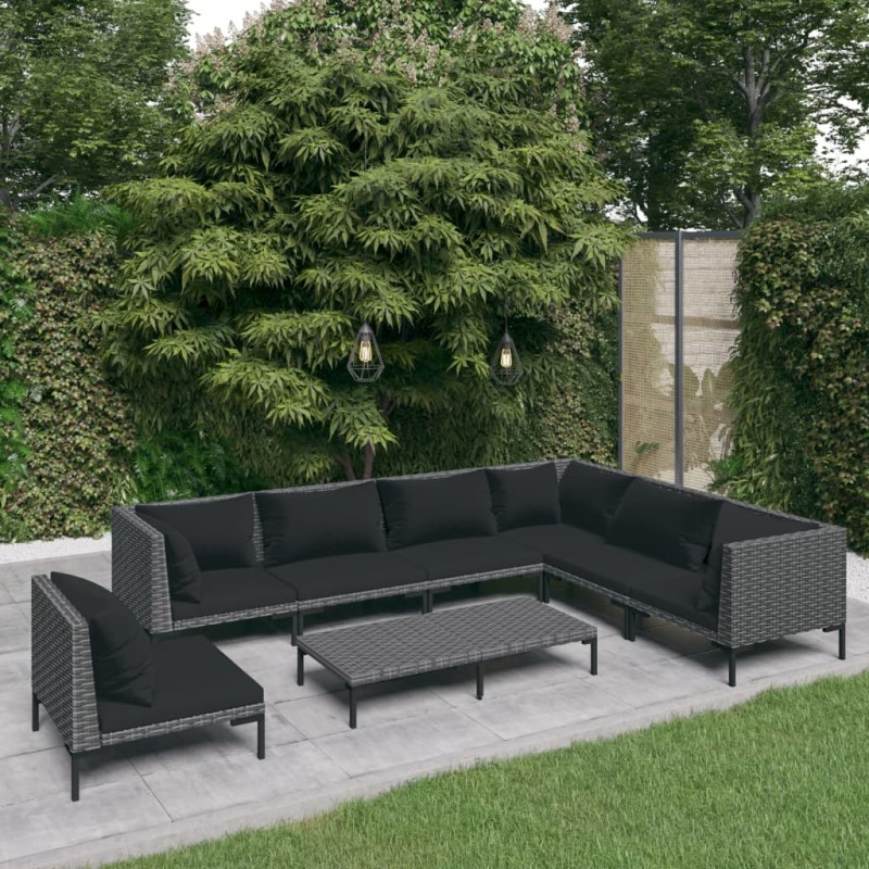 Set Divani Giardino 8 pz con Cuscini in Polyrattan Grigio Scuro Set Divani Giardino 8 pz con Cuscini in Polyrattan Grigio Scuro