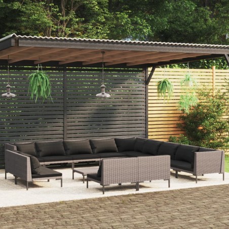 Set Divani Giardino 14pz con Cuscini in Polyrattan Grigio Scuro