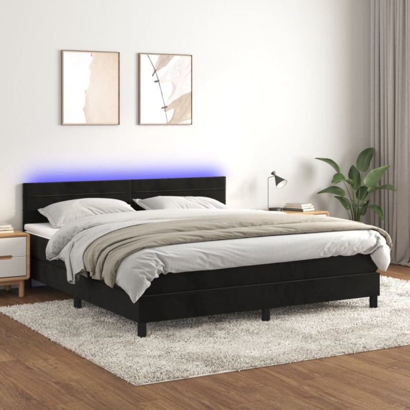 Letto a Molle con Materasso e LED Nero 180x200 cm in Velluto Letto a Molle con Materasso e LED Nero 180x200 cm in Velluto