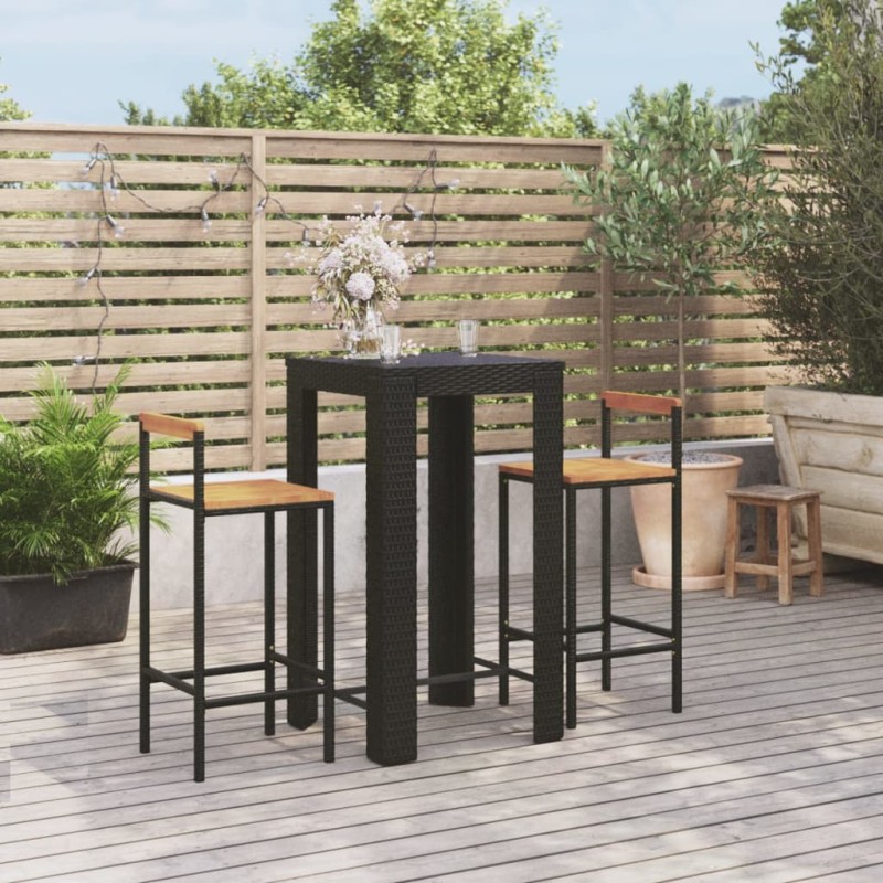vidaXL Set Bar Giardino 3 pz Nero Polyrattan e Legno Massello Acacia vidaXL Set Bar Giardino 3 pz Nero Polyrattan e Legno Massello Acacia