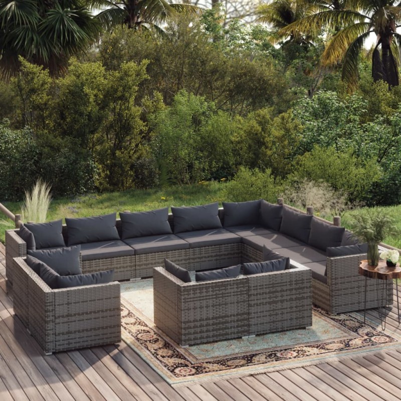 Set Divani da Giardino 12 pz con Cuscini in Polyrattan Grigio