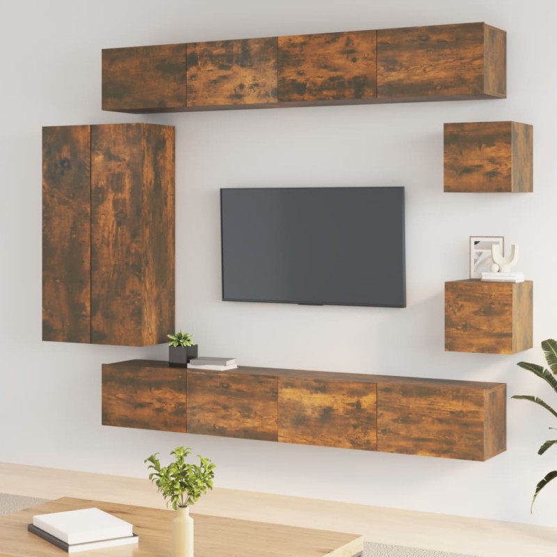 Set Mobili Porta TV 8 pz Rovere Fumo in Legno Multistrato Set Mobili Porta TV 8 pz Rovere Fumo in Legno Multistrato