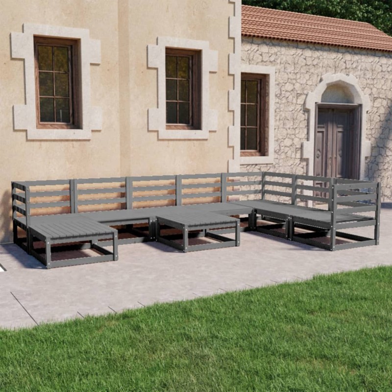 Set Divani da Giardino 9 pz Grigi in Legno Massello di Pino Set Divani da Giardino 9 pz Grigi in Legno Massello di Pino