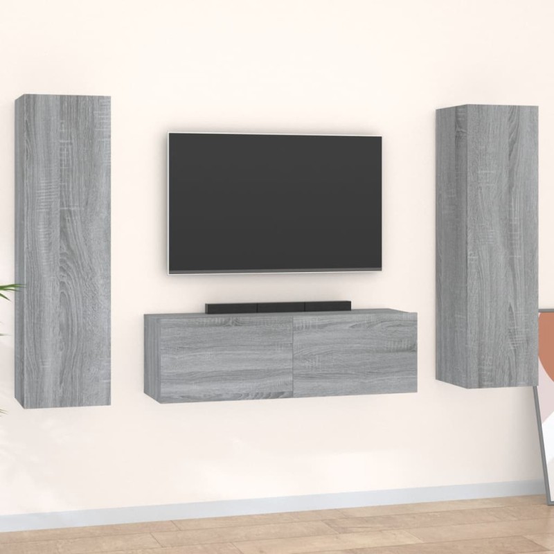 Set Mobili Porta TV 3 pz Grigio Sonoma in Legno Multistrato Set Mobili Porta TV 3 pz Grigio Sonoma in Legno Multistrato