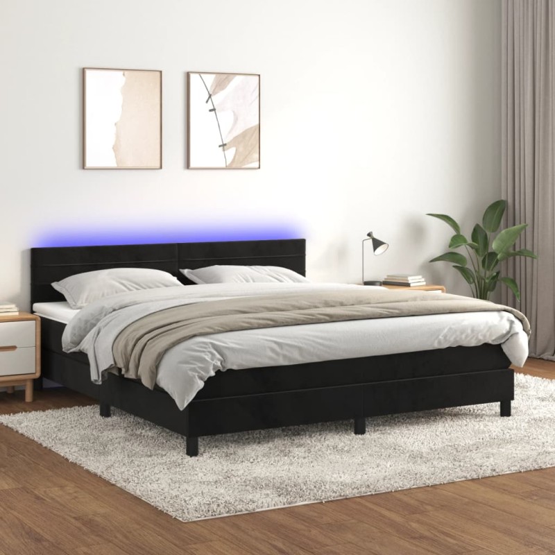 Letto a Molle con Materasso e LED Nero 160x200 cm in Velluto Letto a Molle con Materasso e LED Nero 160x200 cm in Velluto