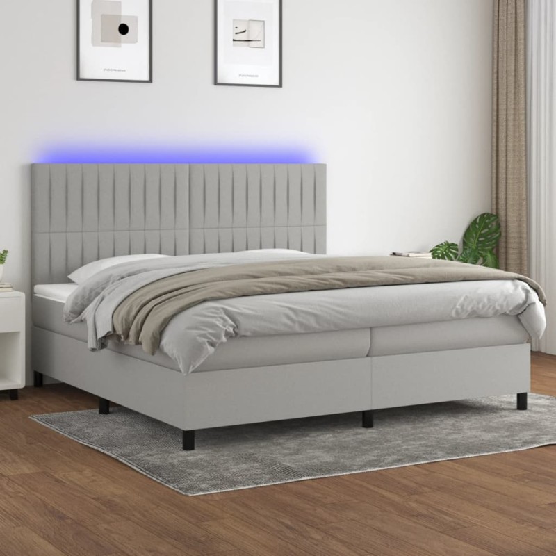 Letto a Molle Materasso e LED Grigio Chiaro 200x200 cm Tessuto Letto a Molle Materasso e LED Grigio Chiaro 200x200 cm Tessuto