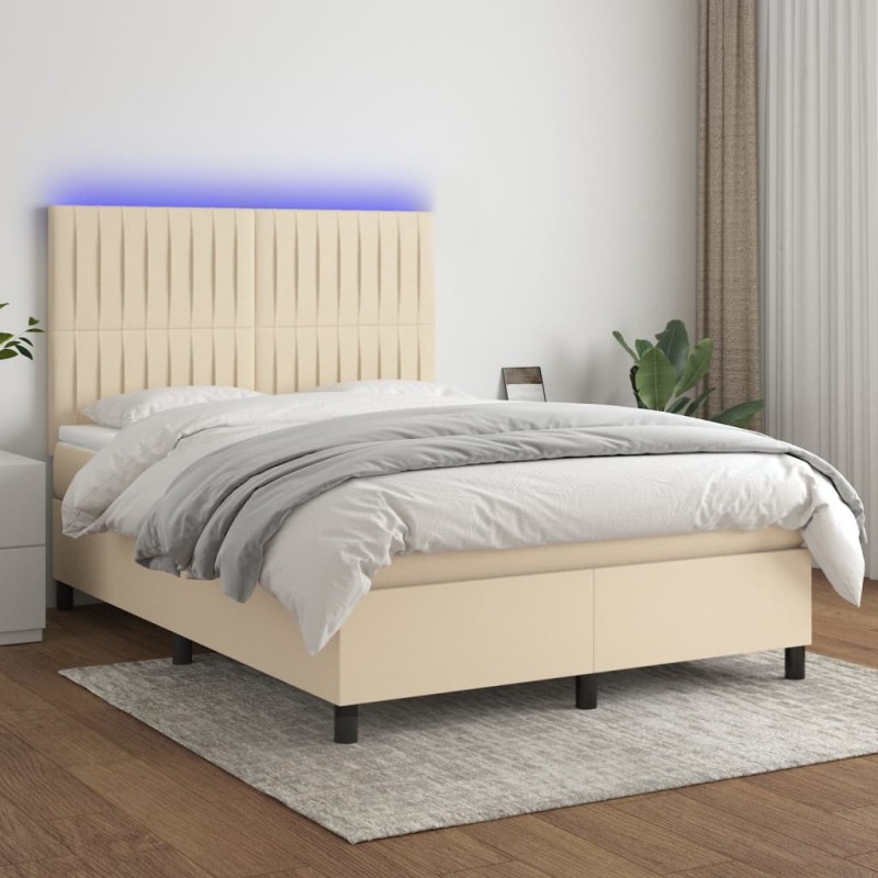 Letto a Molle con Materasso e LED Crema 140x200 cm in Tessuto Letto a Molle con Materasso e LED Crema 140x200 cm in Tessuto