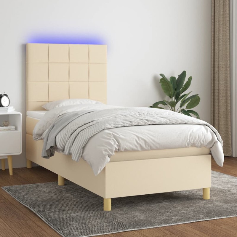 Letto a Molle con Materasso e LED Crema 90x190 cm in Tessuto Letto a Molle con Materasso e LED Crema 90x190 cm in Tessuto