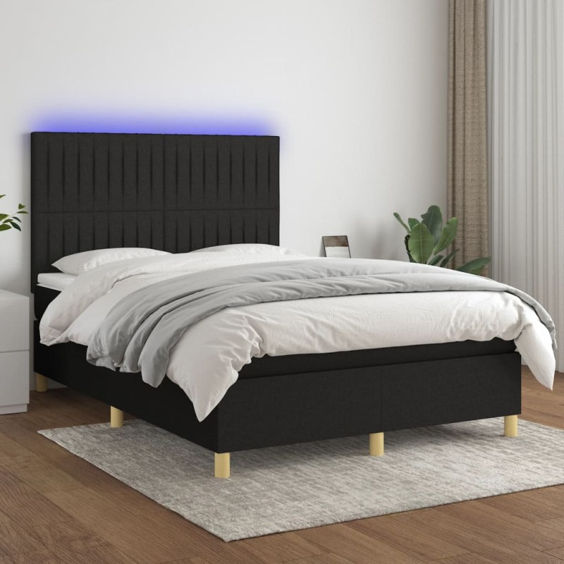 Letto a Molle con Materasso e LED Nero 140x190 cm in Tessuto Letto a Molle con Materasso e LED Nero 140x190 cm in Tessuto