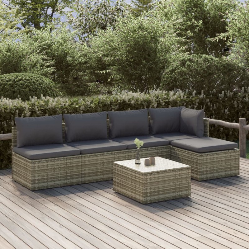 Set Divani da Giardino 6 pz con Cuscini in Polyrattan Grigio Set Divani da Giardino 6 pz con Cuscini in Polyrattan Grigio