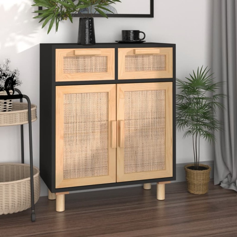 Credenza Nera 60x30x75 cm Legno Massello Pino e Rattan Naturale Credenza Nera 60x30x75 cm Legno Massello Pino e Rattan Naturale