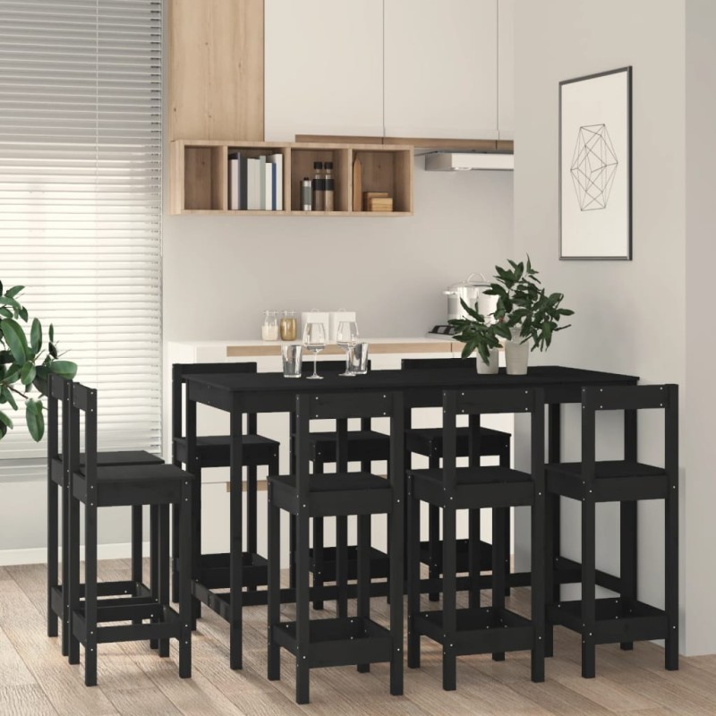 Set da Bar 9 pz Nero in Legno Massello di Pino Set da Bar 9 pz Nero in Legno Massello di Pino