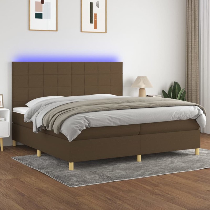 Letto a Molle Materasso e LED Marronescuro 200x200cm in Tessuto Letto a Molle Materasso e LED Marronescuro 200x200cm in Tessuto