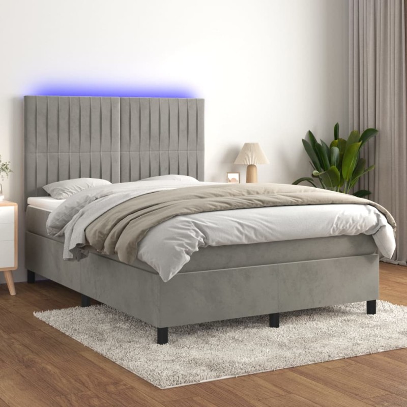 Letto a Molle Materasso e LED Grigio Chiaro 140x200 cm Velluto Letto a Molle Materasso e LED Grigio Chiaro 140x200 cm Velluto