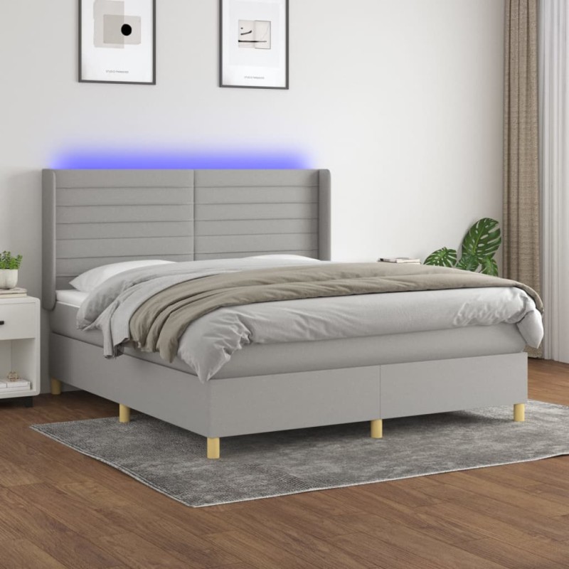 Letto a Molle Materasso e LED Grigio Chiaro 160x200 cm Tessuto Letto a Molle Materasso e LED Grigio Chiaro 160x200 cm Tessuto