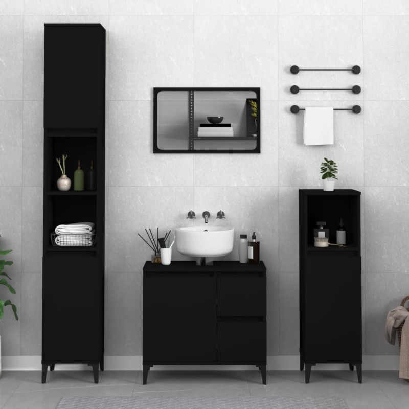 Set di Mobili da Bagno 3 pz Nero in Legno Multistrato Set di Mobili da Bagno 3 pz Nero in Legno Multistrato