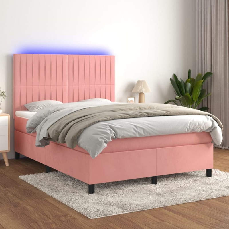 Letto a Molle con Materasso e LED Rosa 140x200 cm in Velluto Letto a Molle con Materasso e LED Rosa 140x200 cm in Velluto