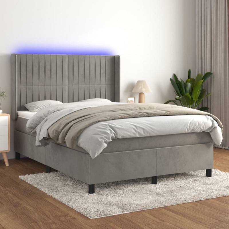 vidaXL Letto a Molle Materasso e LED Grigio Chiaro 140x190 cm Velluto vidaXL Letto a Molle Materasso e LED Grigio Chiaro 140x190 cm Velluto