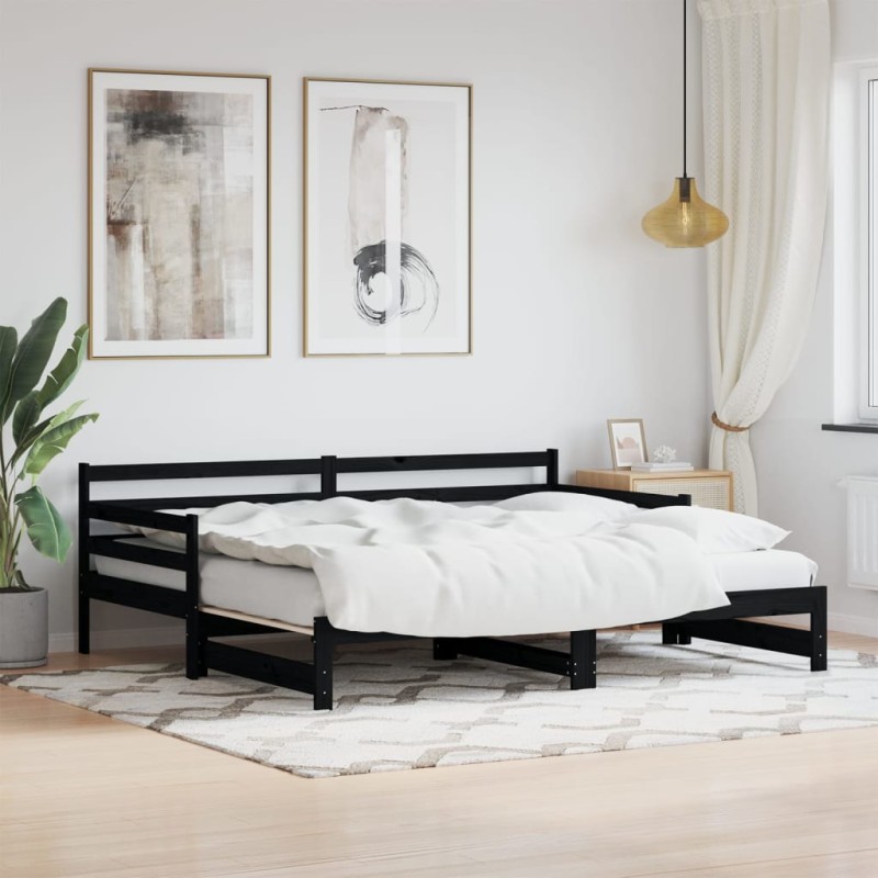 Divano Letto con Letto Estraibile Nero 90x190cm Massello Pino Divano Letto con Letto Estraibile Nero 90x190cm Massello Pino