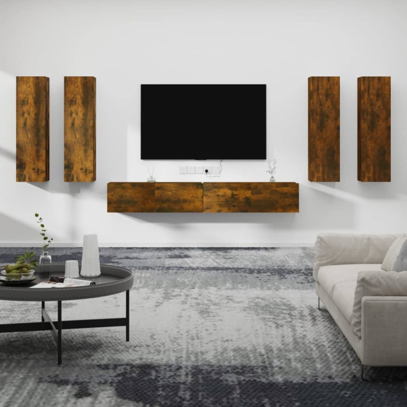 vidaXL Set di Mobili Porta TV 6 pz Rovere Fumo in Legno Multistrato vidaXL Set di Mobili Porta TV 6 pz Rovere Fumo in Legno Multistrato