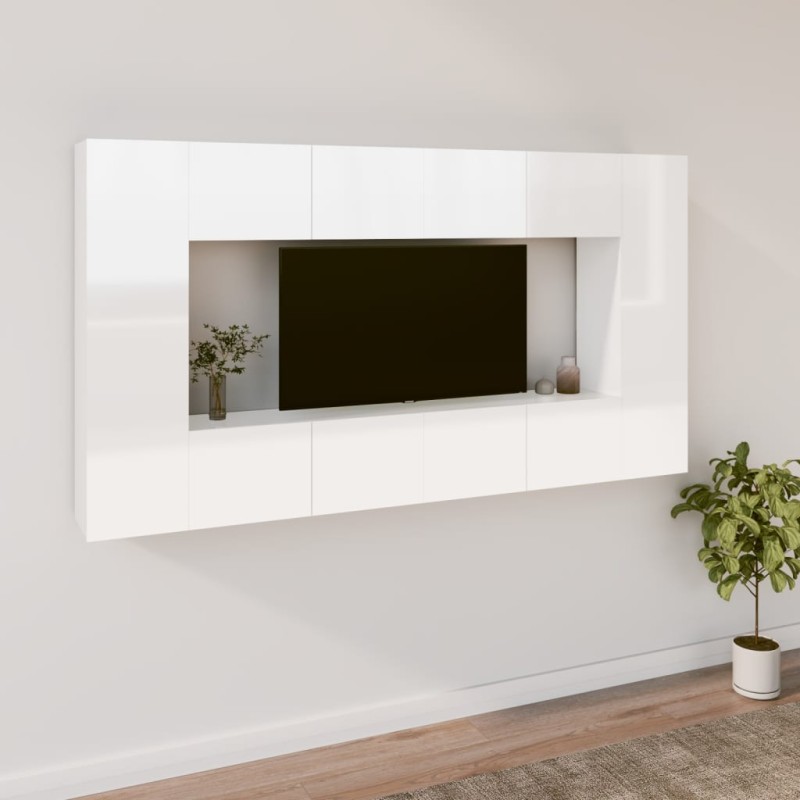 Set Mobili Porta TV 8pz Bianco Lucido in Legno Multistrato Set Mobili Porta TV 8pz Bianco Lucido in Legno Multistrato