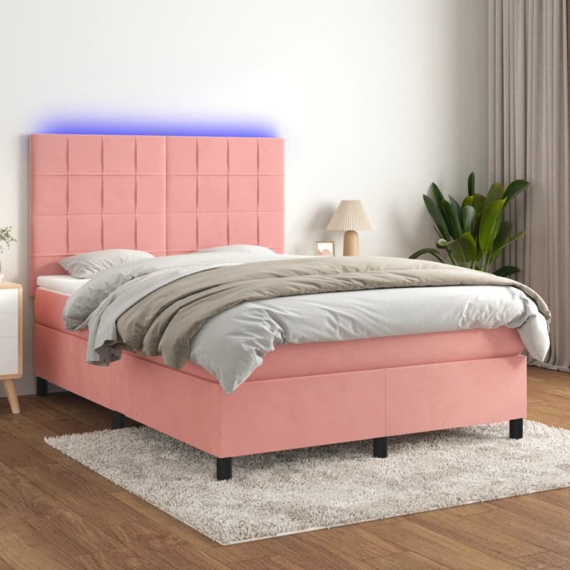 Letto a Molle con Materasso e LED Rosa 140x200 cm in Velluto Letto a Molle con Materasso e LED Rosa 140x200 cm in Velluto