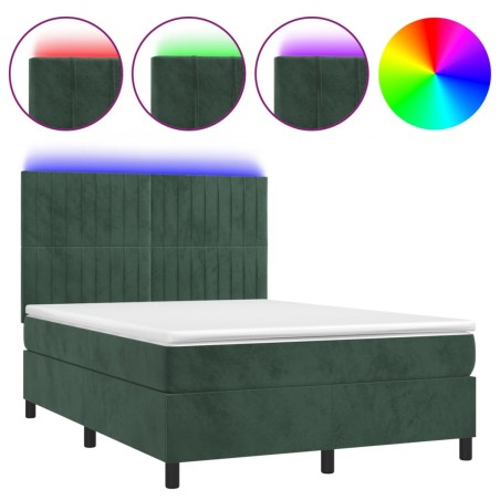 Letto a Molle con Materasso e LED Verde Scuro 140x200cm Velluto