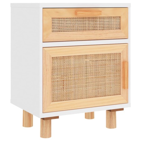 Comodino Bianco in Legno Massello di Pino e Rattan Naturale