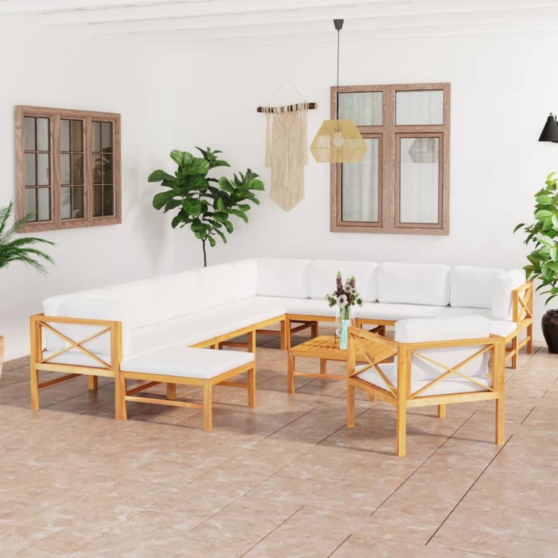vidaXL Set Divani da Giardino 12pz Cuscini Crema Legno Massello Teak vidaXL Set Divani da Giardino 12pz Cuscini Crema Legno Massello Teak