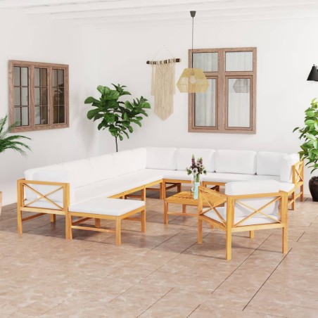 vidaXL Set Divani da Giardino 12pz Cuscini Crema Legno Massello Teak