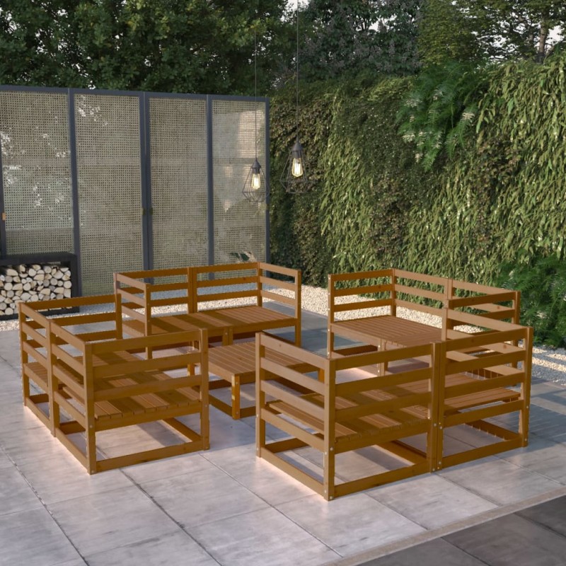 Set Divani da Giardino 9 pz Miele in Legno Massello di Pino Set Divani da Giardino 9 pz Miele in Legno Massello di Pino