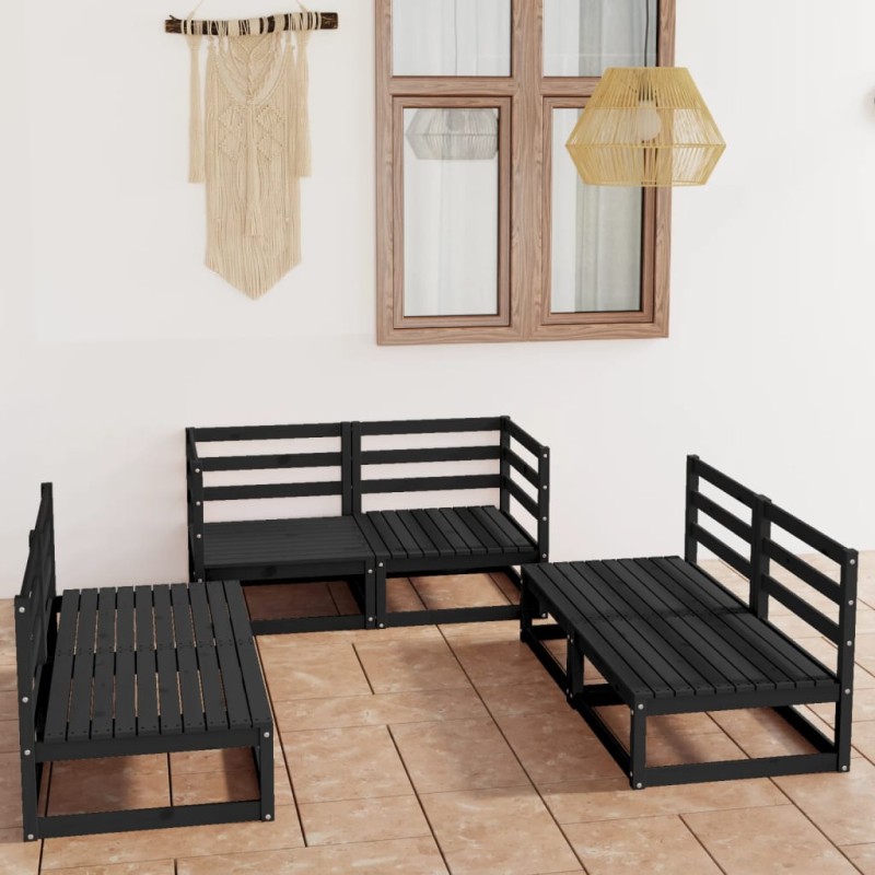 vidaXL Set Divani da Giardino 6 pz Nero in Legno Massello di Pino