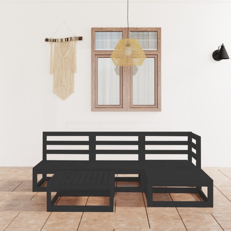 Set Divani da Giardino 5 pz Nero in Legno Massello di Pino Set Divani da Giardino 5 pz Nero in Legno Massello di Pino