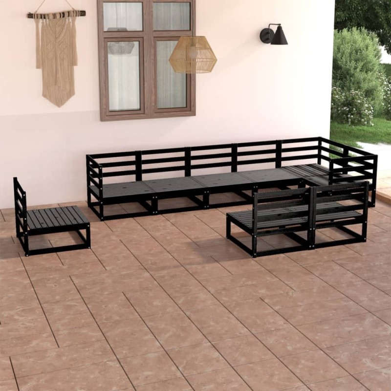 Set Divani da Giardino 9 pz Nero in Legno Massello di Pino Set Divani da Giardino 9 pz Nero in Legno Massello di Pino
