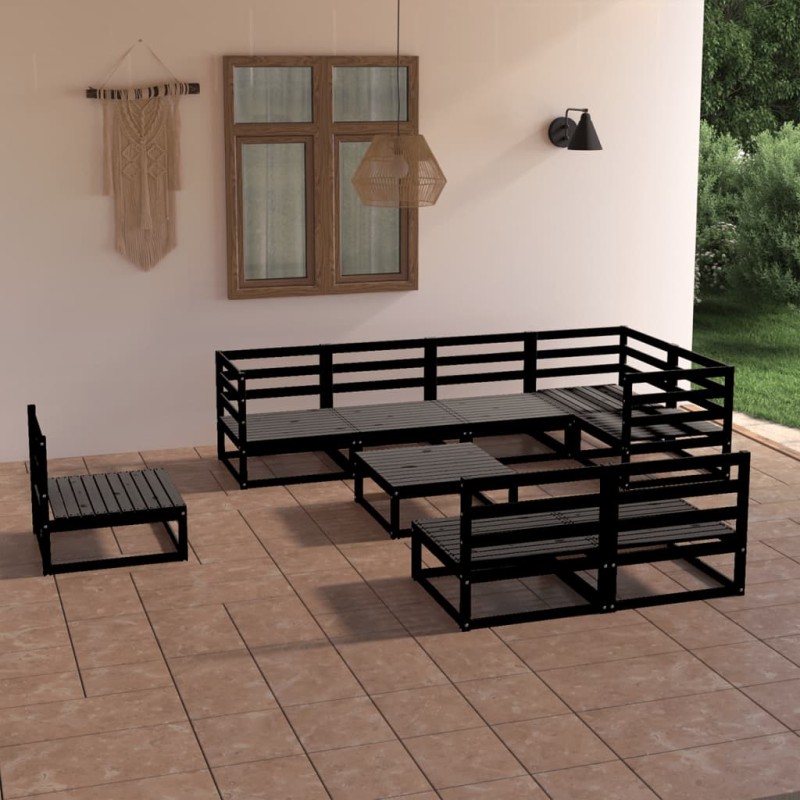 Set Divani da Giardino 9 pz Nero in Legno Massello di Pino Set Divani da Giardino 9 pz Nero in Legno Massello di Pino