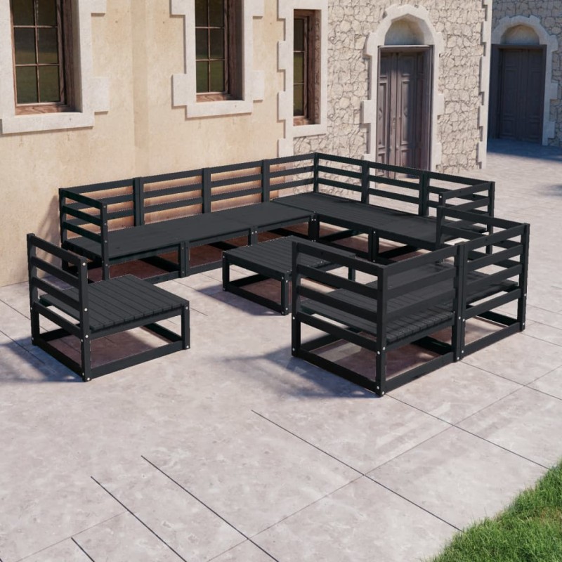 Set Divani da Giardino 10 pz Nero in Legno Massello di Pino Set Divani da Giardino 10 pz Nero in Legno Massello di Pino