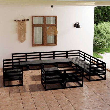 Set Divani da Giardino 13 pz Nero in Legno Massello di Pino