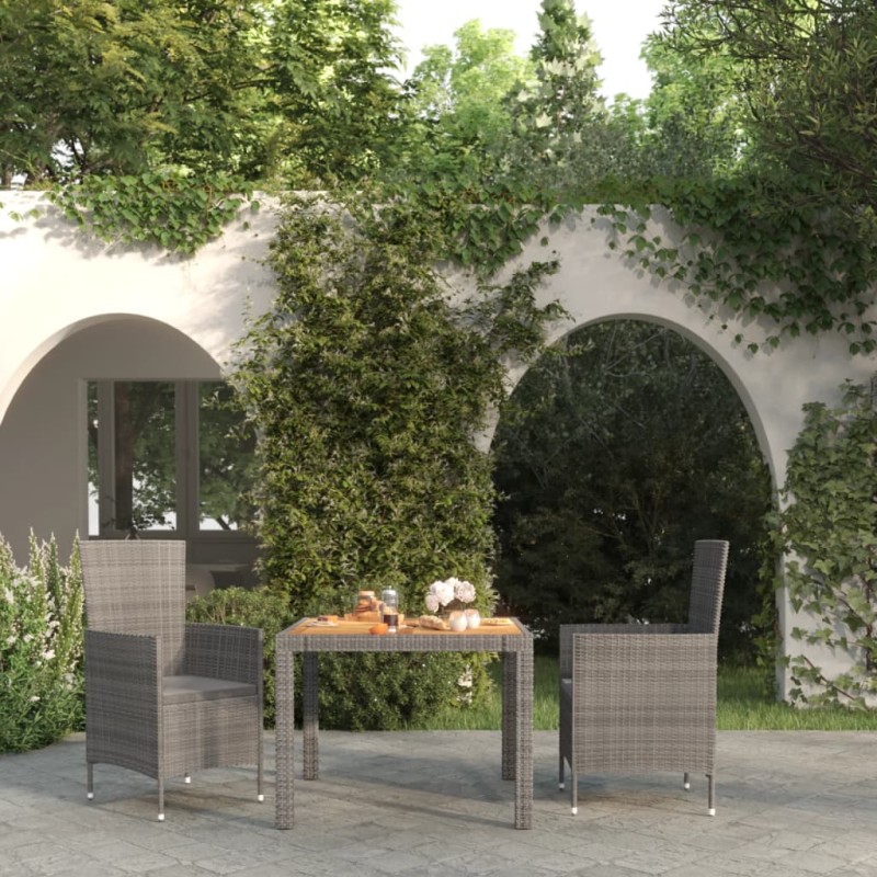 Set da Pranzo per Esterni 3 pz con Cuscini in Polyrattan Grigio Set da Pranzo per Esterni 3 pz con Cuscini in Polyrattan Grigio