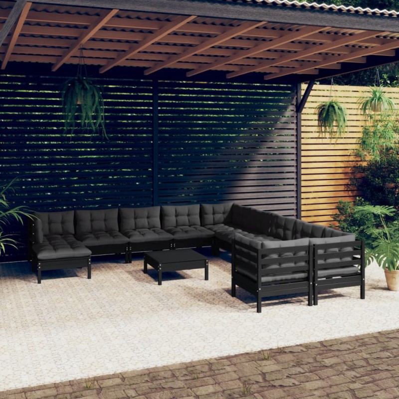 Set Divani da Giardino 12 pz con Cuscini in Legno di Pino Nero Set Divani da Giardino 12 pz con Cuscini in Legno di Pino Nero