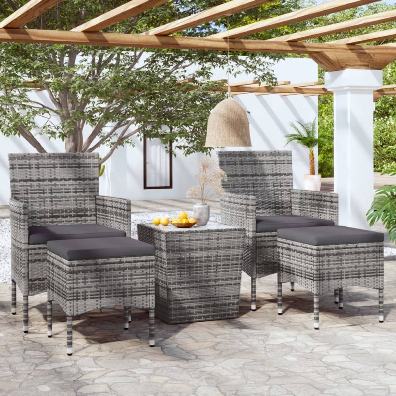 Set Bistrot da Giardino 5pz Polyrattan e Vetro Temperato Grigio Set Bistrot da Giardino 5pz Polyrattan e Vetro Temperato Grigio