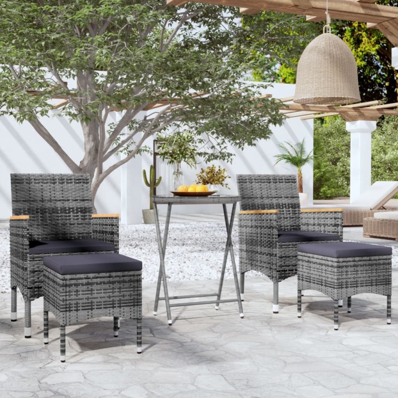 Set Bistrot da Giardino 5pz Polyrattan e Vetro Temperato Grigio Set Bistrot da Giardino 5pz Polyrattan e Vetro Temperato Grigio