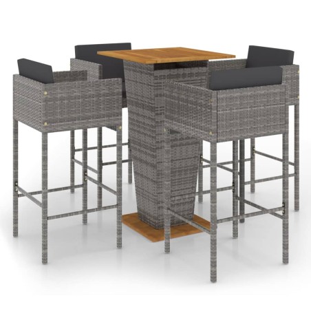 Set da Bar da Giardino 5 pz con Cuscini in Polyrattan Grigio