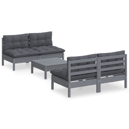 Set Divani da Giardino 5 pz con Cuscini Antracite Legno di Pino