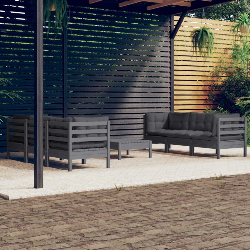 Set Divani da Giardino 7 pz con Cuscini Antracite Legno di Pino Set Divani da Giardino 7 pz con Cuscini Antracite Legno di Pino
