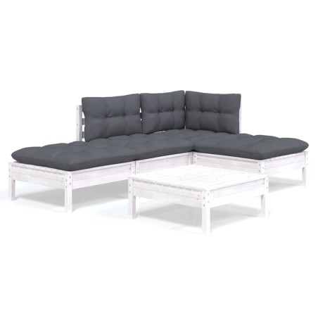 Set Divani da Giardino 5 pz con Cuscini Bianchi Legno di Pino