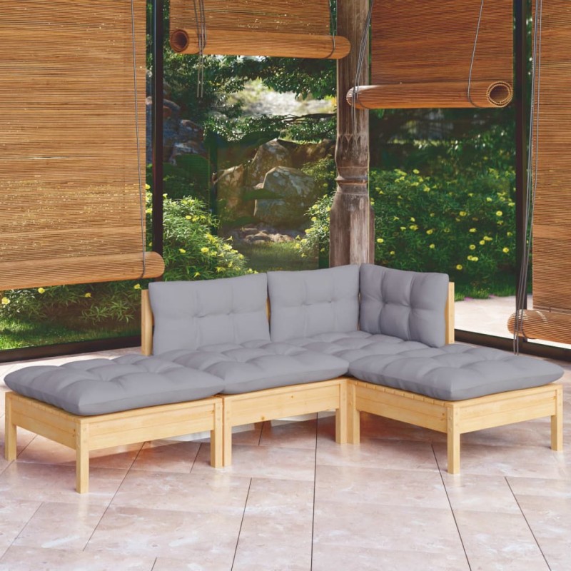 Set Divani da Giardino 4 pz con Cuscini Grigi Massello di Pino Set Divani da Giardino 4 pz con Cuscini Grigi Massello di Pino