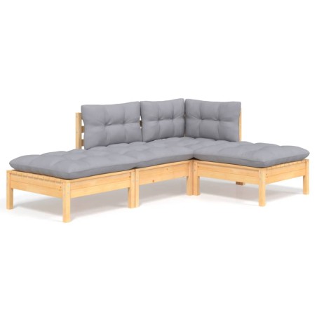 Set Divani da Giardino 4 pz con Cuscini Grigi Massello di Pino